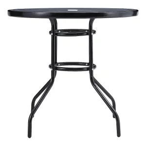 Black Round Garden Tempered Glass Wood Grain Coffee Table with Umbrella Hole 80cm