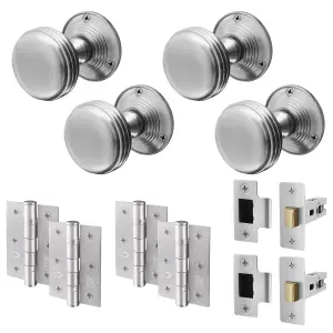 AFIT Lined Door Knob Set Satin Chrome - 2 Pairs of Mortice Knobs (55mm), Latch (76mm) & Hinges (76mm) for Internal Doors