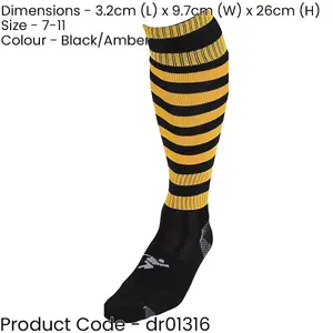 ADULT Size 7-11 Hooped Stripe Football Socks - BLACK/AMBER - Contoured Ankle