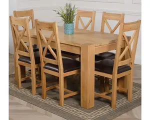 Kuba 150 x 85 cm Chunky Medium Oak Dining Table and 6 Chairs Dining Set with Berkeley Brown Leather Chairs