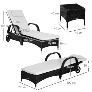 Outsunny 3 PCS Rattan Lounger Recliner Bed Garden Furniture Set w/ Side Table