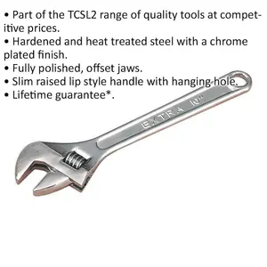 250mm Adjustable Wrench - Chrome Plated Steel - 28mm Offset Jaws - Spanner