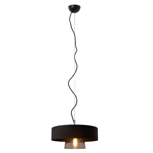 Luminosa Babilon Cylindrical Pendant Ceiling Light Black, Smokey Glass 29cm