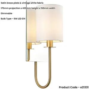 Satin Brass Dimmable Wall Light - Vintage White Shade - Bevelled Edge Mirrored Back Plate