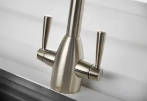 Deva Carlow Dual Lever Kitchen Sink Mixer Tap In Brushed Chrome - Sleek & Durable Swan Neck Design - With Swivel Spout