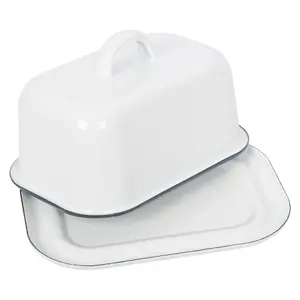 White Enamel Butter Dish - 18.5cm x 10cm - Blue