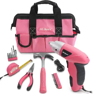 Hi-Spec Pink 20pc Home DIY Tool Kit. Complete Household Hand Tools. All Essential Repairs in a Bag