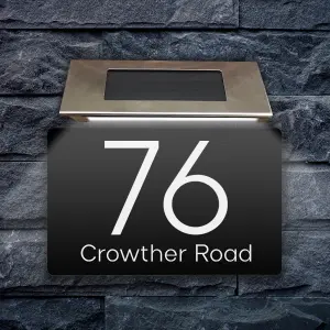 Personalised Aluminium House Plaque with Solar Light Customised with Your House Number and Street Name 160 x 280mm Black