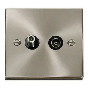 Satin / Brushed Chrome Satellite & Coaxial Socket 1 Gang - Black Trim - SE Home