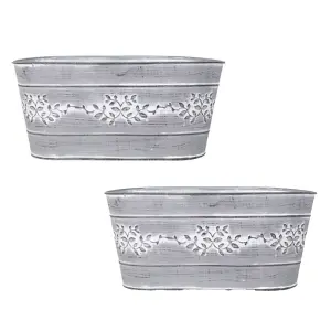 Pair of Leaf Vine Tin Trough Planters in Grey, Perfect for your garden plants