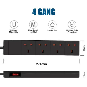 Extrastar 4 Gang Indicator Side Switched Extension Lead 2 M Black 13A