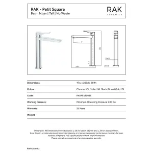 RAK Petit Tall Brushed Nickel Modern Basin Tap Solid Brass