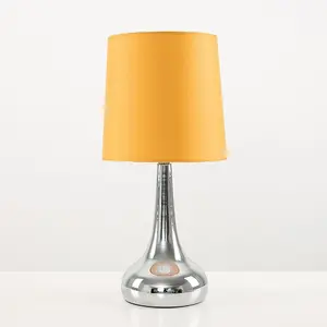 ValueLights Chrome Teardrop Touch Bed Side Table Lamps with Mustard Fabric Shade With 5w LED Bulb 3000K Warm White