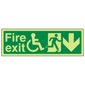 Wheel Chair Fire Exit DOWN Text Sign - Glow in Dark - 300x100mm (x3)