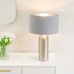 ValueLights Lexy Brushed Chrome Touch Table Lamp with Grey/Chrome Shade