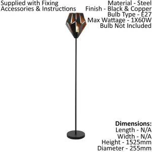 Floor Lamp Standing Light Black & Copper Shade 1 x 60W E27 Bulb Standard