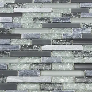 Luxury Textured Grey, Khaki Crackled Glass & Stone Mosaic Wall Tiles Sheet 8mm