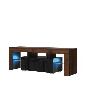 Floe TV Unit 130cm Walnut & Black with High Gloss Doors and LED Lighting - Creative Furniture