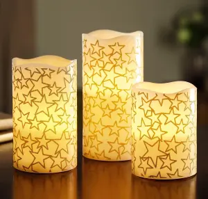 Set of 3 Glittery Gold Star Real Wax LED Candles - Battery Powered Faux Flameless Pillar Candle Lights - H10, 12.5 & 15cm