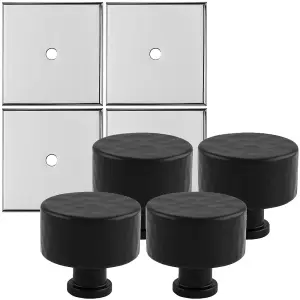 4 PACK - Cabinet Door Knob & Contrasting Backplate Set - Hammered Kitchen Pull - Matt Black & Chrome