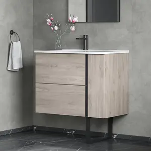 Banyetti Evora 800mm Wall Hung Basin Unit with Matt Black Handles - Iron Oak