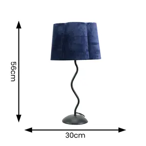 ValueLights Wiggle Black Metal Single Stem Table Lamp with Navy Blue Velvet Scallop Lamp Shade