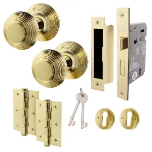 AFIT Beehive Key Lock Door Knob Set Polished Brass - 1 Pair of Reeded Mortice Knobs (55mm), Sash Lock (80mm) & Hinges (76mm)