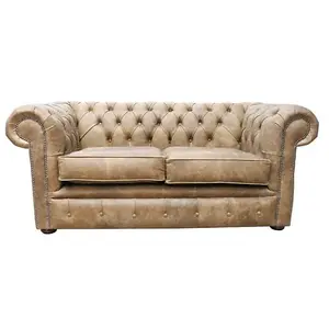 Chesterfield Handmade 2 Seater Settee Sofa Cracked Wax Tan Real Leather