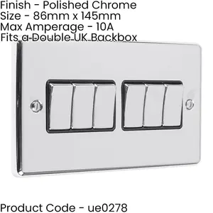 2 PACK 6 Gang Multi Light Switch POLISHED CHROME & BLACK 2 Way 10A Metal Rocker