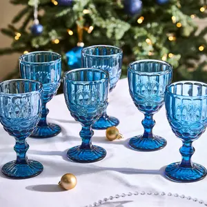 Set of 6 Vintage Luxury Sapphire Blue Drinking Wine Glass Wine Goblets 350ml