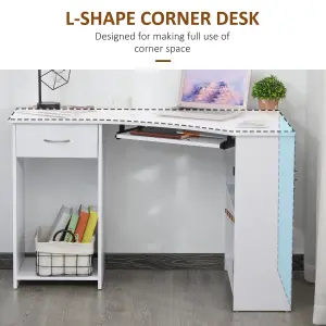 HOMCOM L-Shaped Corner Computer Desk w/ 2 Shelves Worktop Keyboard Tray White