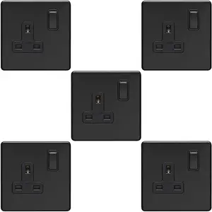 5 PACK 1 Gang DP 13A Switched UK Plug Socket SCREWLESS MATT BLACK Wall Power