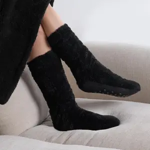 Teddy Fleece Womens Bed Socks Fluffy 2 Pairs Sherpa Non Slip Sole, Black