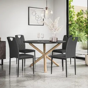 Malvern Round Dining Table And Chairs -  Black Table Top w Solid Oak Legs + Monza Fabric Dining Chair Set Of 4 (Charcoal)