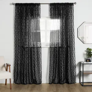 Diamond Voile Curtains Pair Textured Net Slot Top 2 Panel Set 55x87", Black