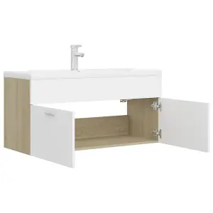 Berkfield Sink Cabinet with Built-in Basin White and Sonoma Oak Engineered Wood