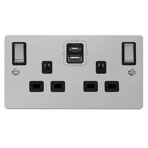 Flat Plate Polished Chrome 2 Gang 13A DP Ingot Type A & C USB Twin Double Switched Plug Socket - Black Trim - SE Home