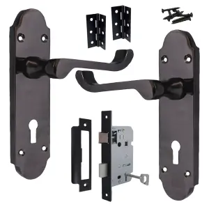 Epsom Door Handle Key Lock Scroll Lever - Black Nickel Pack Hinges