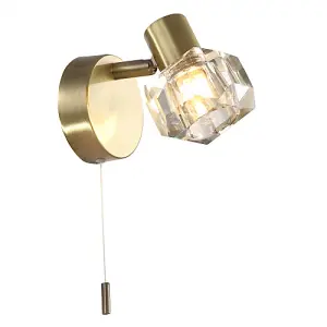 Modern Antique Brass Wall Light with Chunky Square Ice Cube Glass Shade