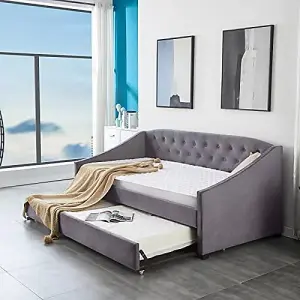 Daybed with Trundle grey 3ft single velvet tufted wooden day bed bedroom