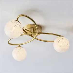 Satin Brass Semi Flush Low Ceiling Light - White Confetti Multi Arm Glass - 3 X 3W LED G9