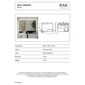 RAK Ornate 600x800mm Matt Black Square with Touch Sensor Illuminated Mirror IP44