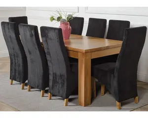 Dakota 182 x 92 cm Chunky Oak Large Dining Table and 8 Chairs Dining Set with Lola Black Fabric Chairs