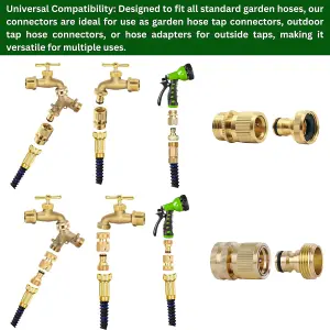 2 Pairs Garden Hose Quick Connect Set 3/4 Inch Solid Brass Hose Fitting w/ PTFE Tape Male,Female Adapters for Outdoor Tap and More