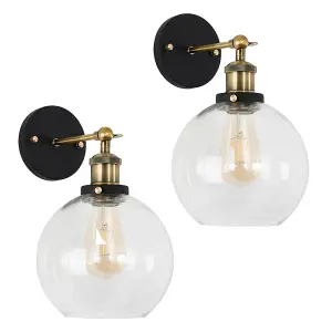 ValueLights Sheridan Pair of Industrial Black and Gold Wall Light Fittings with Clear Glass Globe Shades