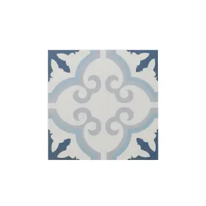 Colours Hydrolic Blue Matt Flower Concrete effect Porcelain Indoor Wall & floor Tile, Pack of 25, (L)200mm (W)200mm