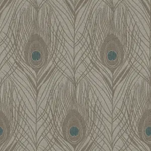 Galerie Absolutely Chic Blue Brown Grey Peacock Feather Motif Smooth Wallpaper