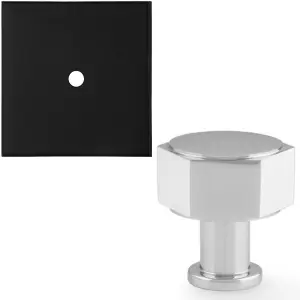 Cabinet Door Knob & Contrasting Backplate Set - Hex Kitchen Pull - Polished Chrome & Black