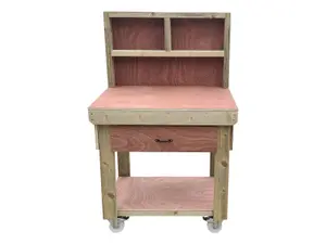 Wooden Eucalyptus hardwood top workbench, tool cabinet with drawer (V.1) (H-90cm, D-70cm, L-90cm) with back and wheels