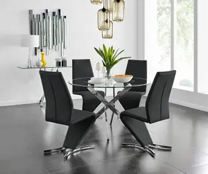 Furniturebox UK Novara Chrome Metal And Glass Large Round Dining Table And 4 Black Willow Chairs Set